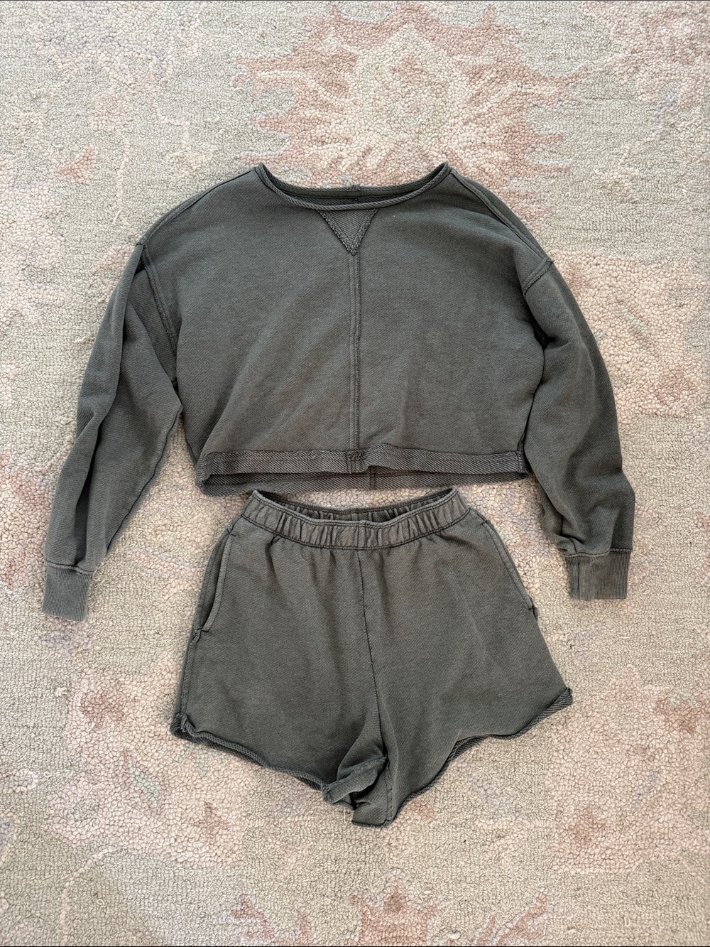aerie Olive Green Cropped Sweatshirt & Shorts Set
